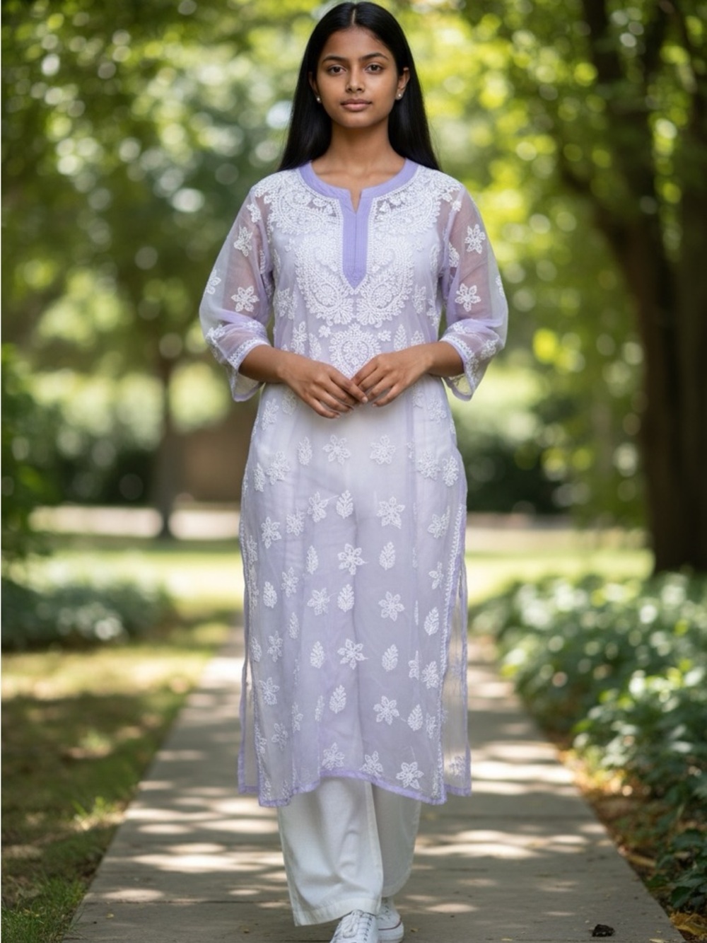 Women Hand Embroidered Lace-Lavender Tunic
